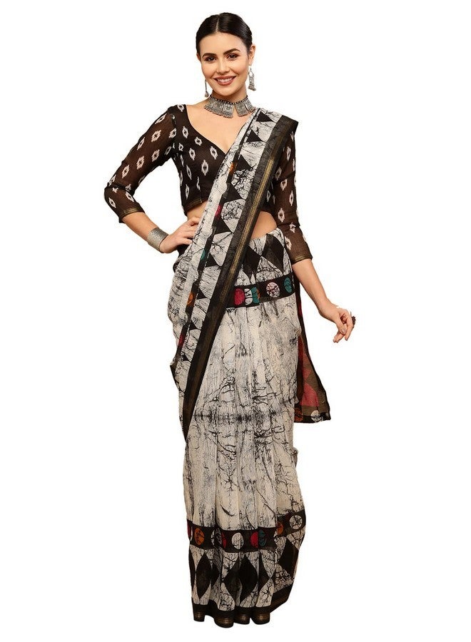 Satrani Women's Knit Cotton Blend Saree (2585S239NA_White & Grey2) - Image 1
