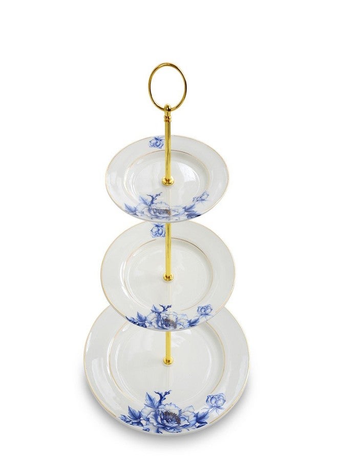 Porlien Gold Trimmed Blue Floral 3 Tier Cake Stand, Dessert Stand, Cupcake Stand - Image 1