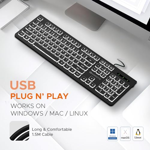 Amkette Wi-Key Backlit Wired Keyboard | White Backlit with Brightness Control | Laser-Etched Keys | 12 Multi-Media Keys | Plug and Play USB Connection | Compatible with PC/Mac/Laptop | 1 Year Warranty - Image 5