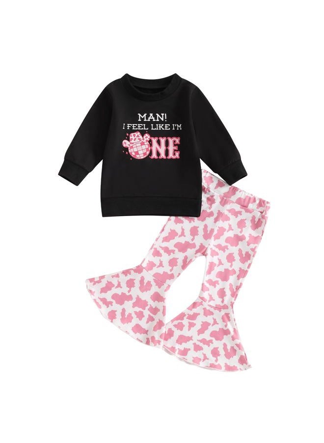 Frietlebird First Birthday Outfit Girl 1st Birthday Girl Outfit Long Sleeve Letters Sweatshirt Bell Bottoms Pants Fall Winter Clothes (L-Black,12-18 Months) - Image 1