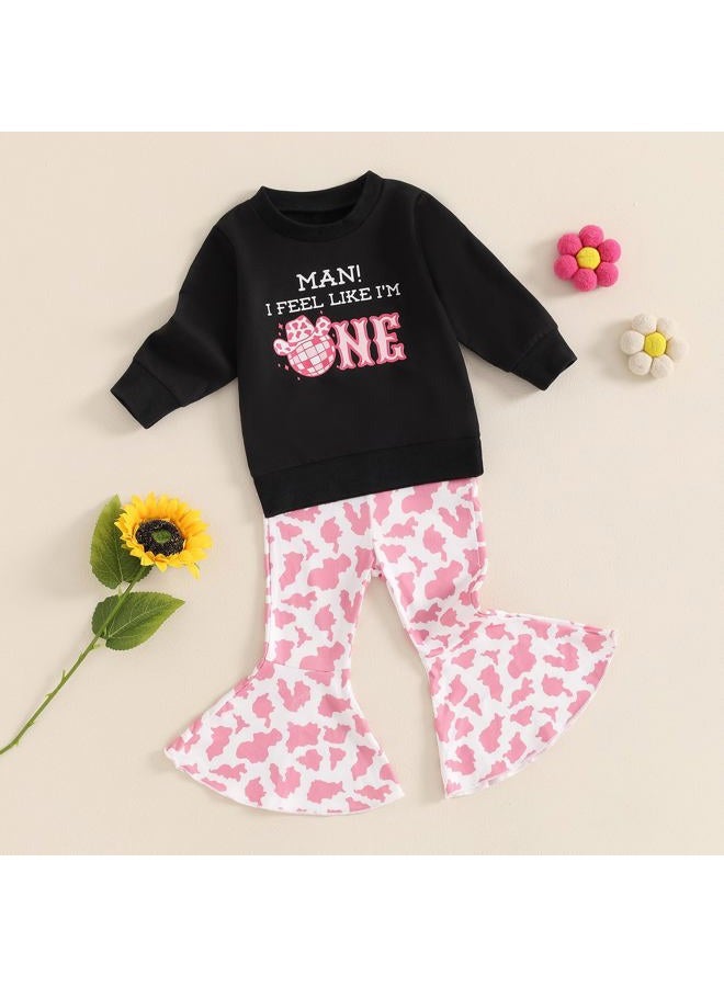 Frietlebird First Birthday Outfit Girl 1st Birthday Girl Outfit Long Sleeve Letters Sweatshirt Bell Bottoms Pants Fall Winter Clothes (L-Black,12-18 Months) - Image 2