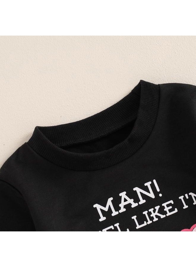 Frietlebird First Birthday Outfit Girl 1st Birthday Girl Outfit Long Sleeve Letters Sweatshirt Bell Bottoms Pants Fall Winter Clothes (L-Black,12-18 Months) - Image 3