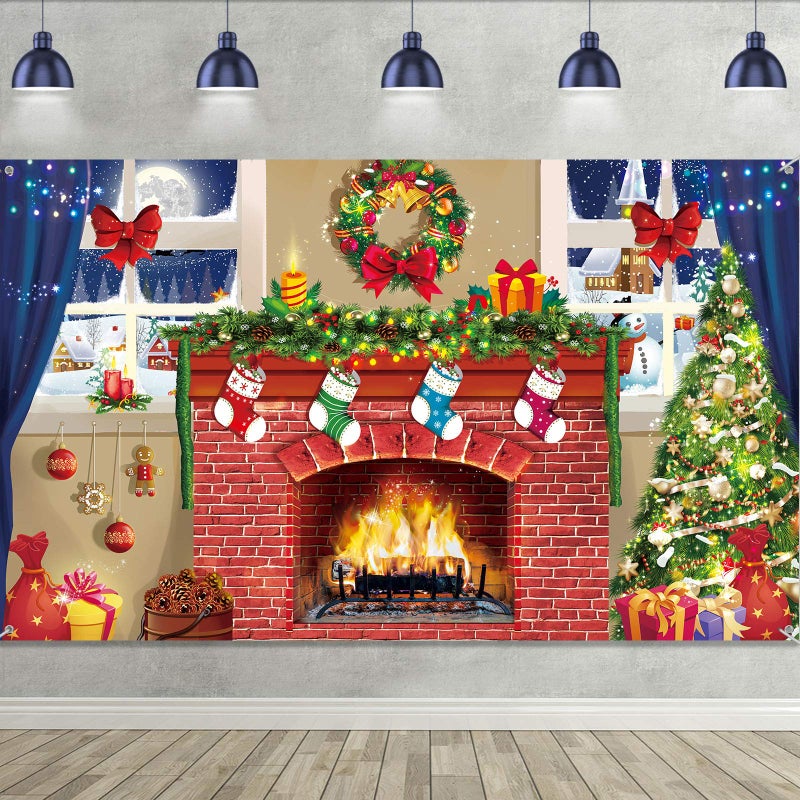 Sumind 6x4 feet Christmas Fireplace Theme Backdrop Christmas Brick Wall Theme Decoration Extra Large Fabric Red Brick Wall Backdrop for Photo Baby Shower - Image 2