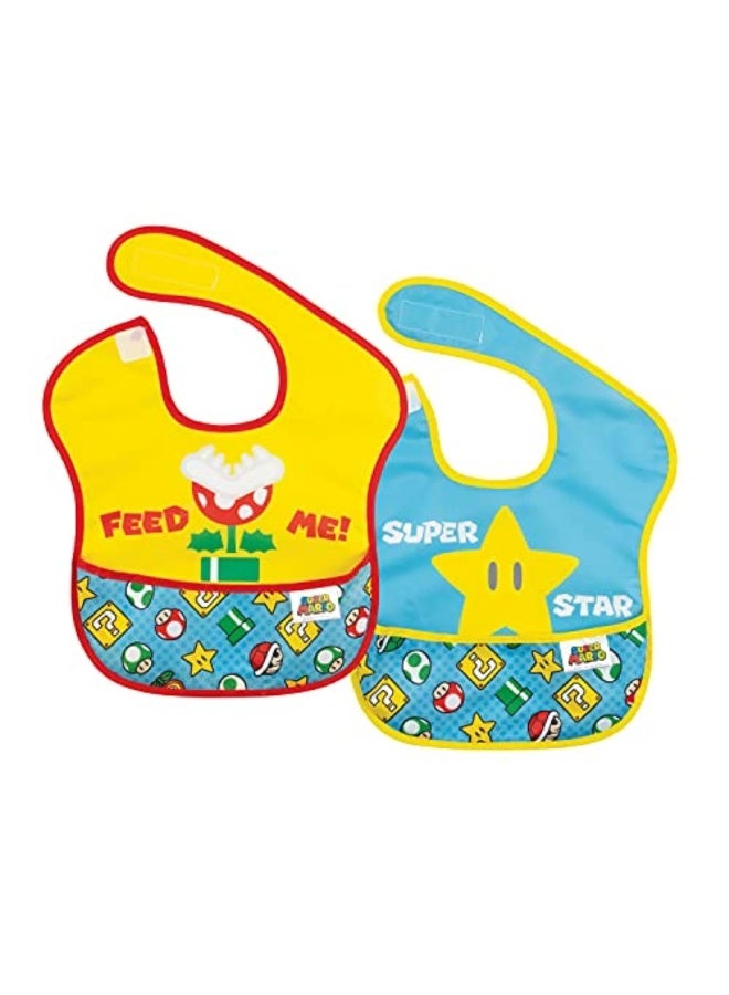 Bumkins Nintendo Bibs for Girl or Boy, SuperBib Baby and Toddler for 6-24 Months, Essential Must Have for Eating, Feeding, Baby Led Weaning, Waterproof Soft Fabric, 2-pk Super Mario Expressions - Image 1