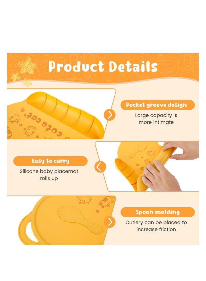 SOLARAE Baby Silicone Placemats for Toddlers Kids, Kids Placemats Wipeable, Food Grade Silicone Baby Place Mat, with 6 Food Catching Pockets, Nonslip Heat Resistant, for Dining Table & Restaurants (Yellow) - Image 3