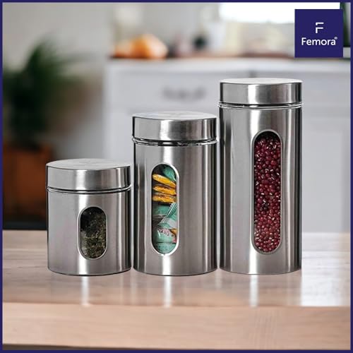 Femora Oval Shape Glass Window Jars |Steel Body See Through Window Jar | 1 Year Warranty | Airtght | Jars for Snacks, Fry Food, Masala, Spice, Pickles, Cookies | 1300 ML | Set Of 2 | Silver - Image 2