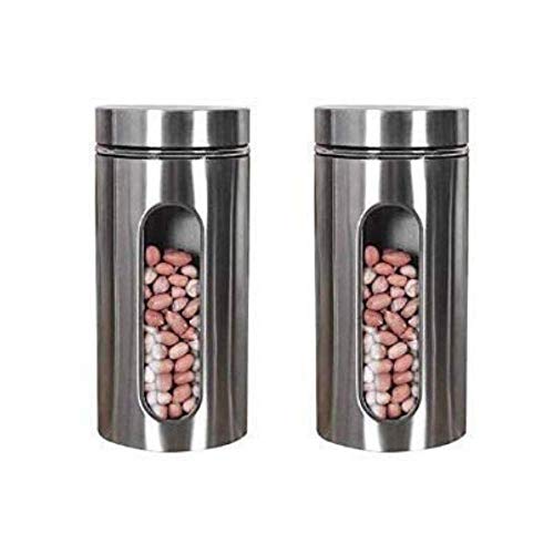 Femora Oval Shape Glass Window Jars |Steel Body See Through Window Jar | 1 Year Warranty | Airtght | Jars for Snacks, Fry Food, Masala, Spice, Pickles, Cookies | 1300 ML | Set Of 2 | Silver - Image 1