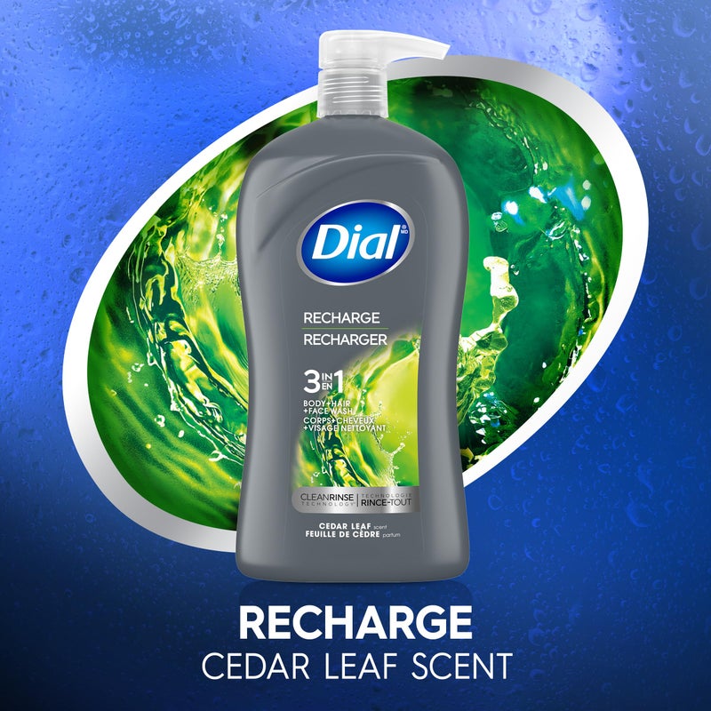 Dial Men 3 in 1 Body, Hair and Face Wash, Recharge, 32 Fl Oz, Cedar Leaf Scent, Cleanses Deep + Gentle on Skin with Clean Rinse Technology - Image 2