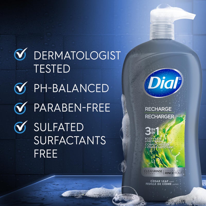 Dial Men 3 in 1 Body, Hair and Face Wash, Recharge, 32 Fl Oz, Cedar Leaf Scent, Cleanses Deep + Gentle on Skin with Clean Rinse Technology - Image 4