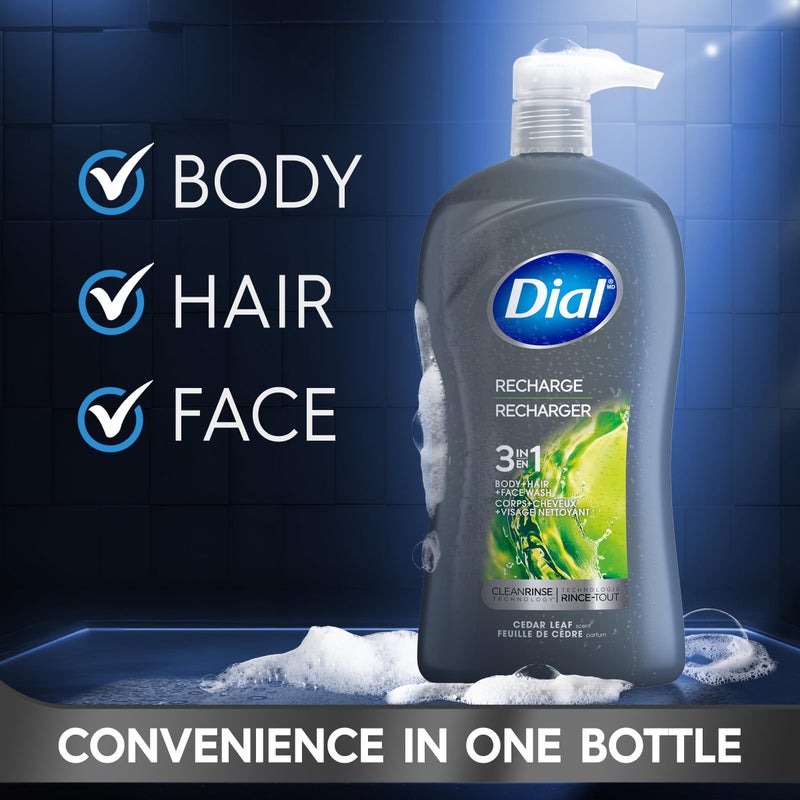Dial Men 3 in 1 Body, Hair and Face Wash, Recharge, 32 Fl Oz, Cedar Leaf Scent, Cleanses Deep + Gentle on Skin with Clean Rinse Technology - Image 3