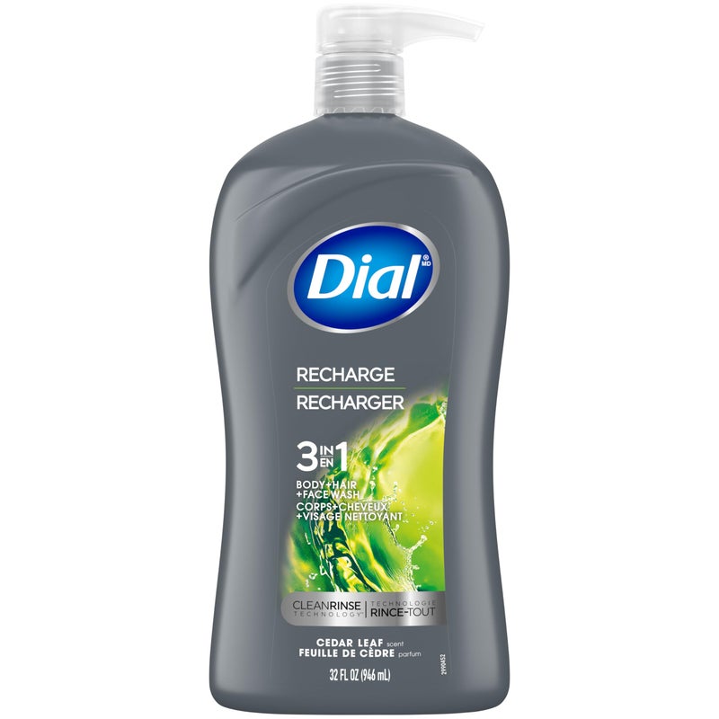 Dial Men 3 in 1 Body, Hair and Face Wash, Recharge, 32 Fl Oz, Cedar Leaf Scent, Cleanses Deep + Gentle on Skin with Clean Rinse Technology - Image 1