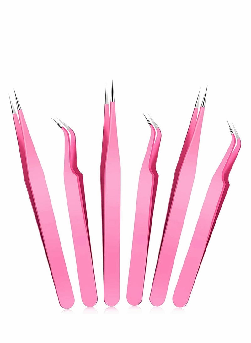 Excefore مجموعة ملاقط تمديد الرموش، 6 قطع ملاقط رموش من الفولاذ المقاوم للصدأ، ملاقط دقيقة منحنية، ملاقط من الفولاذ المقاوم للصدأ بطرف مستقيم ومنحنٍ - Image 1