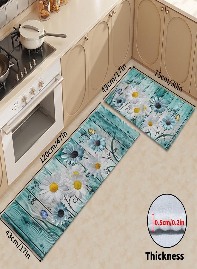 Granbey مجموعة سجاد وحصائر مطبخ من Granbey Teal Daisy، قطعتان، سجاد مطبخ خشبي عتيق بلون الفيروز الريفي، مناسب للأرضيات، مانع للانزلاق، مناسب للوقوف، مناسب للحوض، المكتب، غرفة الغسيل - Image 2