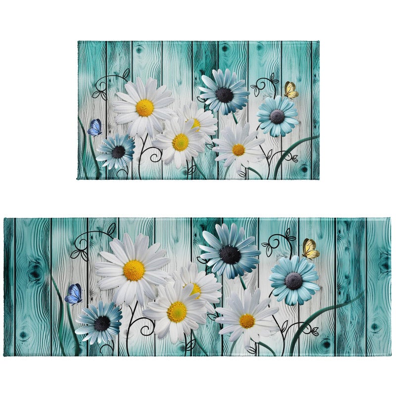 Granbey مجموعة سجاد وحصائر مطبخ من Granbey Teal Daisy، قطعتان، سجاد مطبخ خشبي عتيق بلون الفيروز الريفي، مناسب للأرضيات، مانع للانزلاق، مناسب للوقوف، مناسب للحوض، المكتب، غرفة الغسيل - Image 1