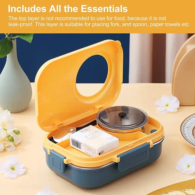 Raafi Stainless Steel Lunch Box for Kid School,Insulated Bento Lunch Box with Tableware & Bag,1100ML 3 Compartment Divided Lunch Containers with Lids,Leakproof | BFA Free | Dishwasher Safe (Yellow) - Image 4
