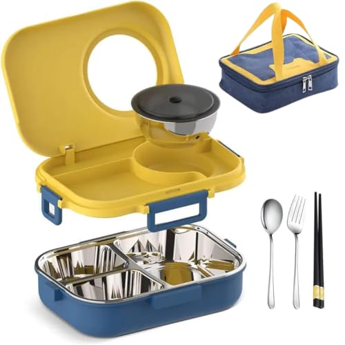 Raafi Stainless Steel Lunch Box for Kid School,Insulated Bento Lunch Box with Tableware & Bag,1100ML 3 Compartment Divided Lunch Containers with Lids,Leakproof | BFA Free | Dishwasher Safe (Yellow) - Image 1