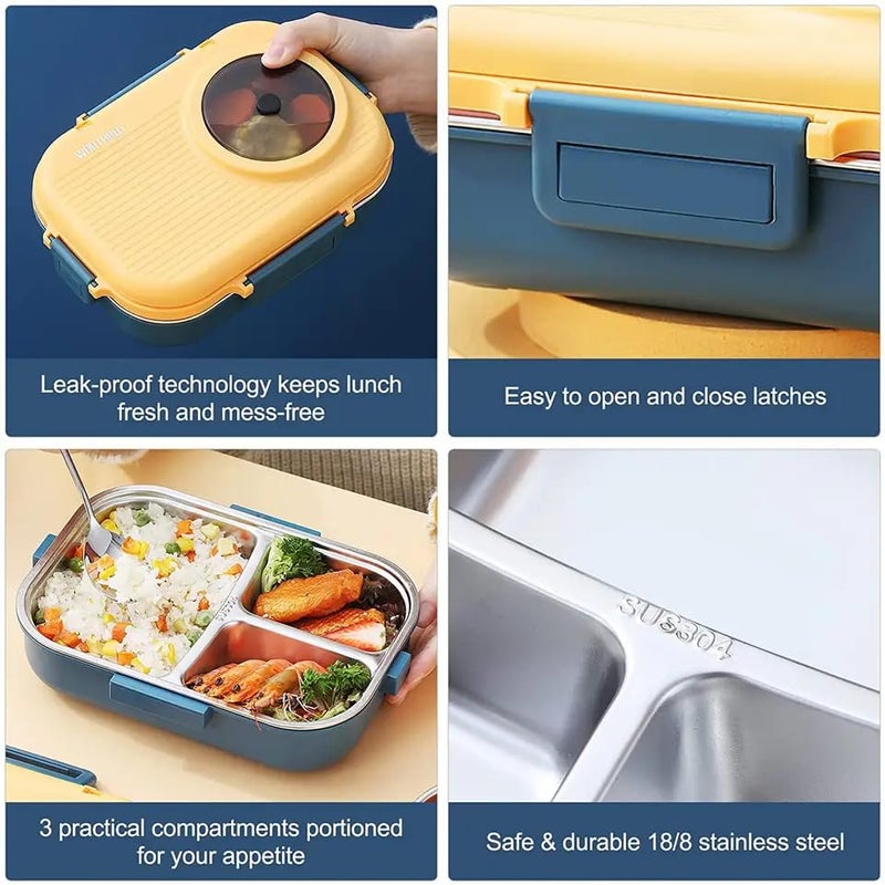 Raafi Stainless Steel Lunch Box for Kid School,Insulated Bento Lunch Box with Tableware & Bag,1100ML 3 Compartment Divided Lunch Containers with Lids,Leakproof | BFA Free | Dishwasher Safe (Yellow) - Image 3
