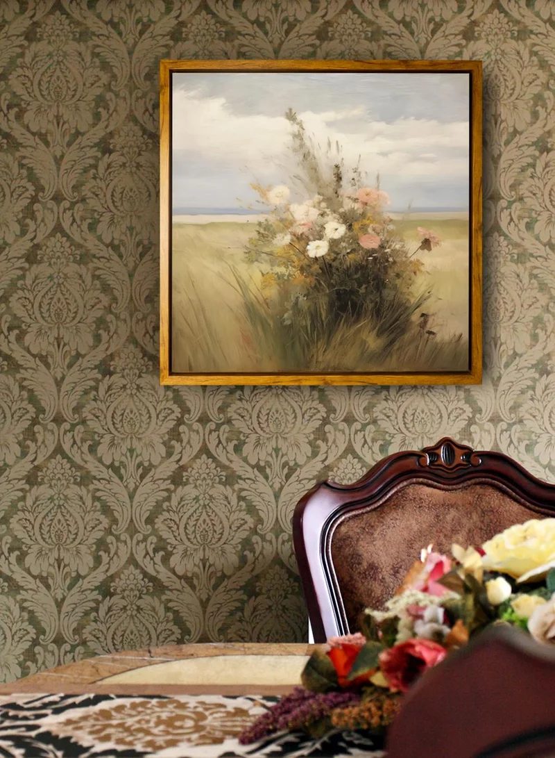 LOWHA Canvas Wall Art Stretched Over Wooden Frame with Wooden Color Floating Frame and Vintage Style Colorful Flowers Painting