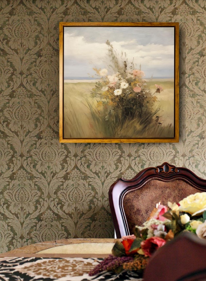 لوحة كانفاس على إطار خشبي بإطار خارجي باللون الخشبي وتصميم منظر كلاسيكي لورود ملونة - Image 1