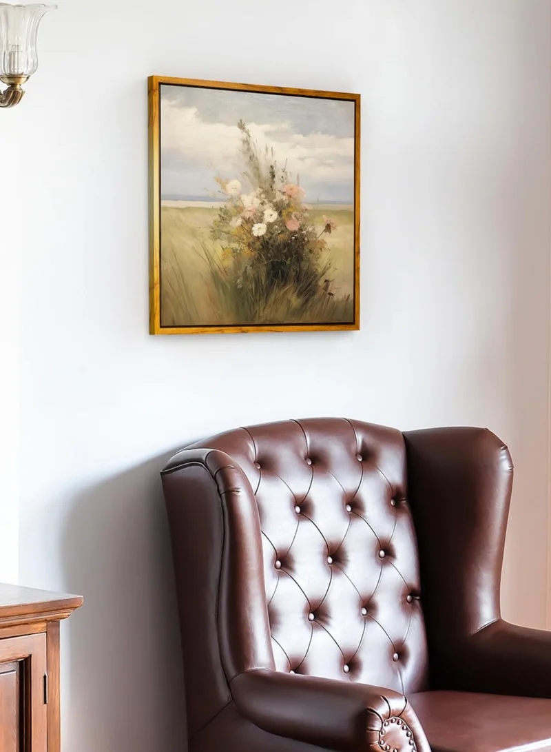 LOWHA Canvas Wall Art Stretched Over Wooden Frame with Wooden Color Floating Frame and Vintage Style Colorful Flowers Painting