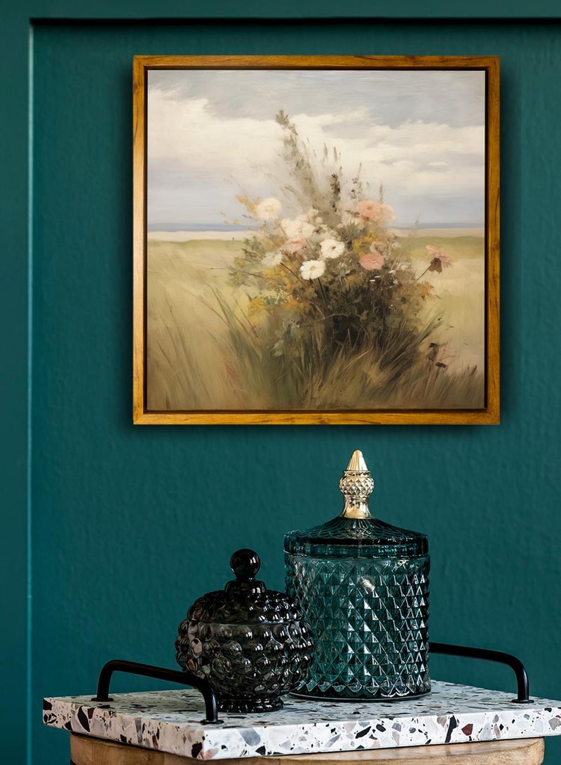 لوحة كانفاس على إطار خشبي بإطار خارجي باللون الخشبي وتصميم منظر كلاسيكي لورود ملونة - Image 4