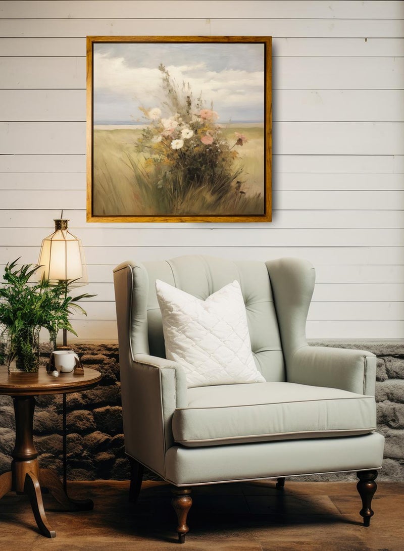 لوحة كانفاس على إطار خشبي بإطار خارجي باللون الخشبي وتصميم منظر كلاسيكي لورود ملونة - Image 3