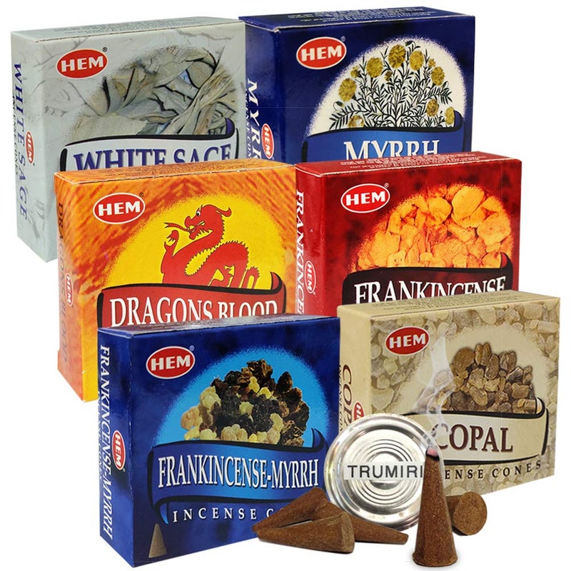 Hem Incense Cones Variety Pack 4 and InscentsCones Burner Holder with 6 Most Popular Fragrances  Dragons Blood Frankincense Myrrh  Total 60 Scented Cone Incense 6 Scents x 10 Conos