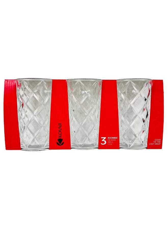 Kovar FH-20004 Crystal Clear Rhombic Style Lead Free Tempered Glass Set 12oz- 3pcs - Image 3