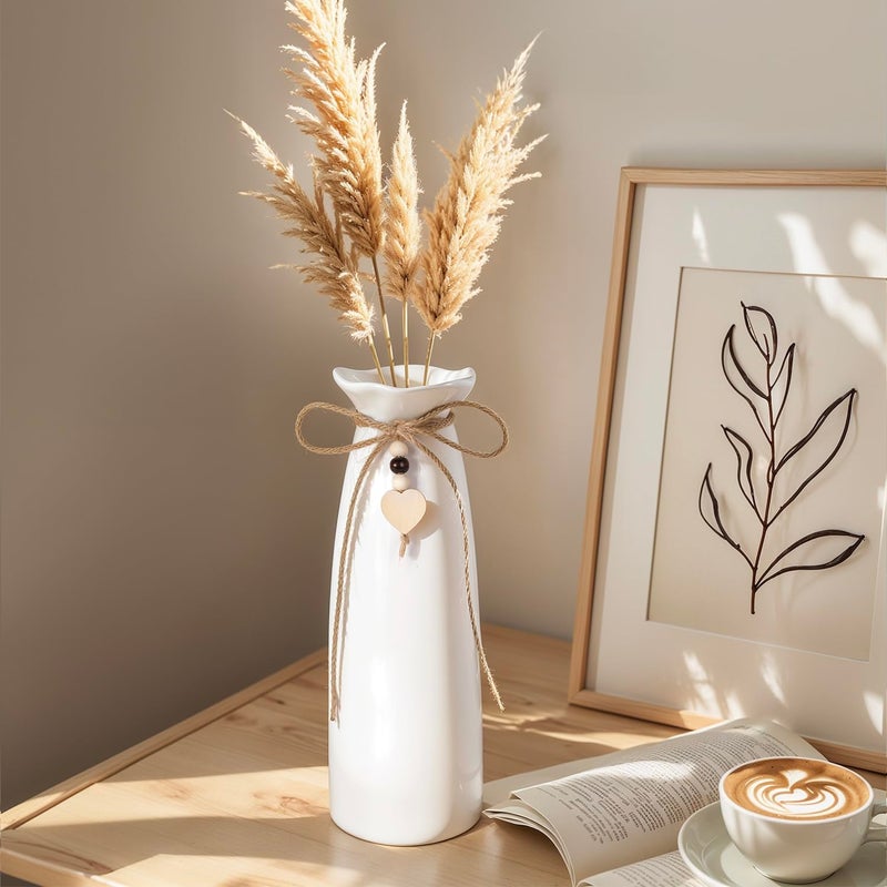 SVENJBB 8 Inch Ceramic Vase with Jute Rope & Heart Charm, Elegant White Decorative Vase for Home DÃ©cor & Table Centerpieces - Image 2