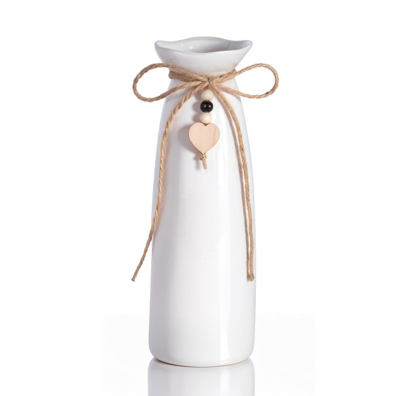 SVENJBB 8 Inch Ceramic Vase with Jute Rope & Heart Charm, Elegant White Decorative Vase for Home DÃ©cor & Table Centerpieces - Image 1