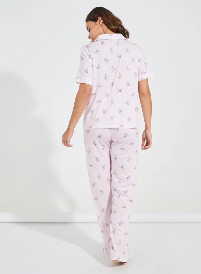 Styli AOP Bow Print Short Sleeve Piped Shirt & Pyjama Set