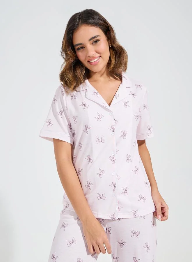 Styli AOP Bow Print Short Sleeve Piped Shirt & Pyjama Set