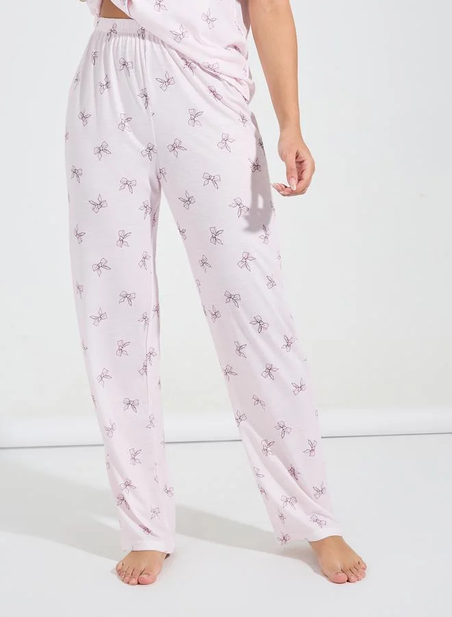Styli AOP Bow Print Short Sleeve Piped Shirt & Pyjama Set