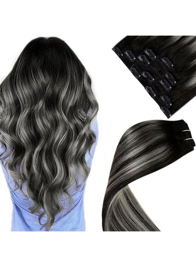 LaaVoo Human Hair Clip in Ombre Off Black to Silver Grey Hair Extensions Clip ins Black Balayage Clip in Hair Extensions Real Human Hair Short Silky Straight 12 Inch 5pcs/80g - Image 1