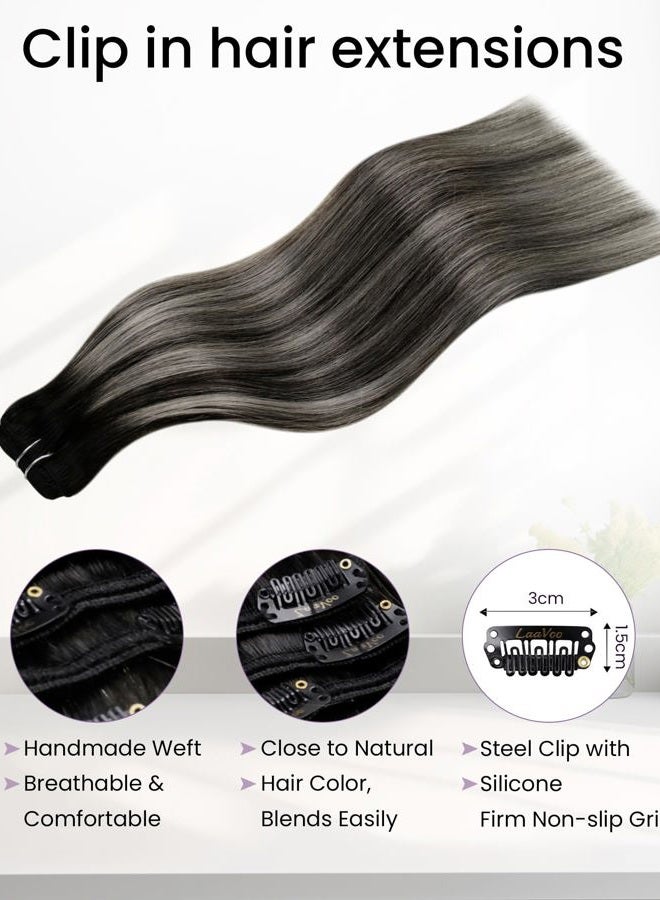 LaaVoo Human Hair Clip in Ombre Off Black to Silver Grey Hair Extensions Clip ins Black Balayage Clip in Hair Extensions Real Human Hair Short Silky Straight 12 Inch 5pcs/80g - Image 3