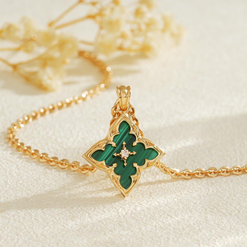 Fettero Gold Clover Necklace for Women Dainty 14K Gold Plated CZ Pendant Necklace Charm Colorful Clover Pendant Lucky Necklaces for Women Jewelry - Malachite-green Stone - Image 3