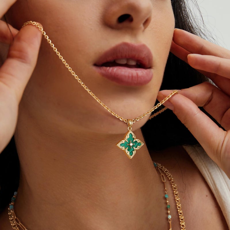 Fettero Gold Clover Necklace for Women Dainty 14K Gold Plated CZ Pendant Necklace Charm Colorful Clover Pendant Lucky Necklaces for Women Jewelry - Malachite-green Stone - Image 2