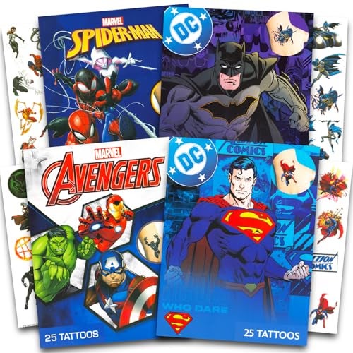 SAVVi Superhero Tattoos for Kids Bundle ~ 100 Pcs Marvel and DC Super Hero Temporary Tattoos for Boys Girls | Spiderman Avengers Superman Batman Superhero Party Favors Party Supplies - Image 1