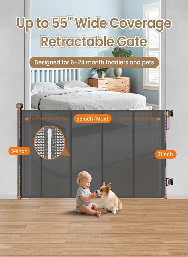BBsecure Retractable Baby Gate, 55" Wide Mesh Gate with 4 Reinforced Rods, Prevents Kids & Dogs from Crawling Under, 34" Tall Easy-to-Use Pet Gate for Stairs, Bedrooms, Hallways, Indoor/Outdoor, Gray - Image 3