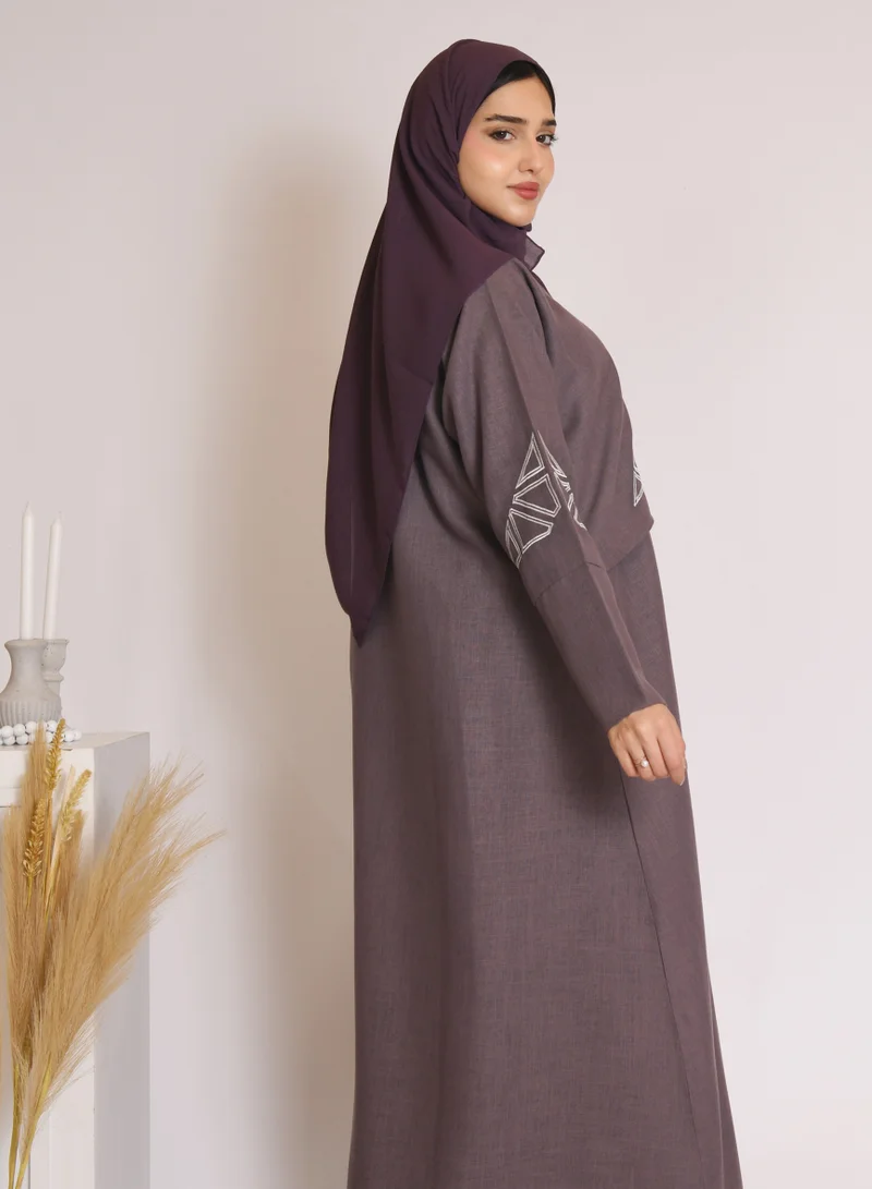 HAWRAA ABAYA Light purple wrap abaya with white embroidery