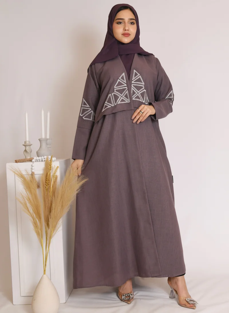 HAWRAA ABAYA Light purple wrap abaya with white embroidery