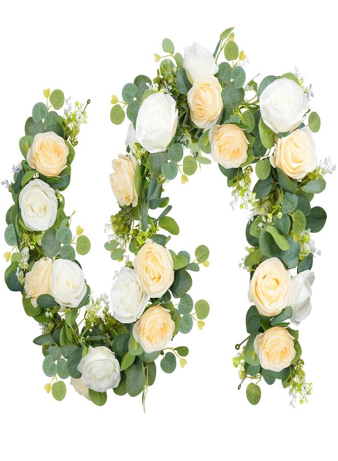 Biutee 2PCS 13Ft Artificial Eucalyptus Garland with Flowers, Artificial Rose Garland Faux Floral Garlands Artificial Flower Vine, Flower Garland for Wedding Spring Home Party Table Runner Decor（with Light） - Image 1