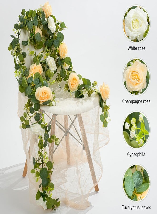Biutee 2PCS 13Ft Artificial Eucalyptus Garland with Flowers, Artificial Rose Garland Faux Floral Garlands Artificial Flower Vine, Flower Garland for Wedding Spring Home Party Table Runner Decor（with Light） - Image 2