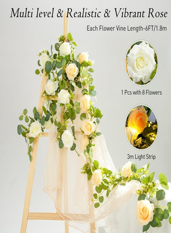 Biutee 2PCS 13Ft Artificial Eucalyptus Garland with Flowers, Artificial Rose Garland Faux Floral Garlands Artificial Flower Vine, Flower Garland for Wedding Spring Home Party Table Runner Decor（with Light） - Image 3