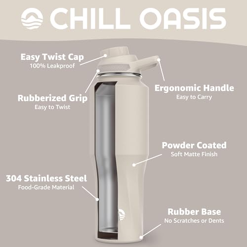Chill Oasis Water Bottle | Compatible With Popular Flavor Cartridges | BPA Free, Leak Proof, Double-Walled Vacuum Insulated Stainless Steel, and Dishwasher Safe | Cold for 24 Hours (Beige, 32oz) - Image 3