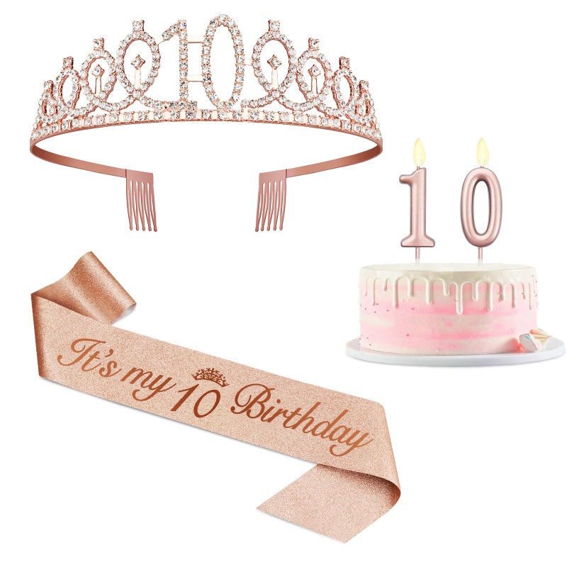 Juesly 10th Birthday Decorations for Girls with Rose Gold Sash, Tiara,Numbers Candles, Sincere 10th Birthday Gifts for Girls - Image 1