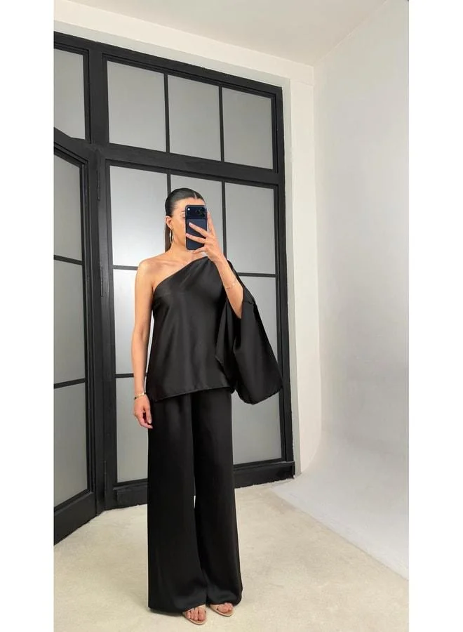 GAUS Black Bat Sleeve Blouse with Elastic Waist Pants Satin Set GAUS-01528.