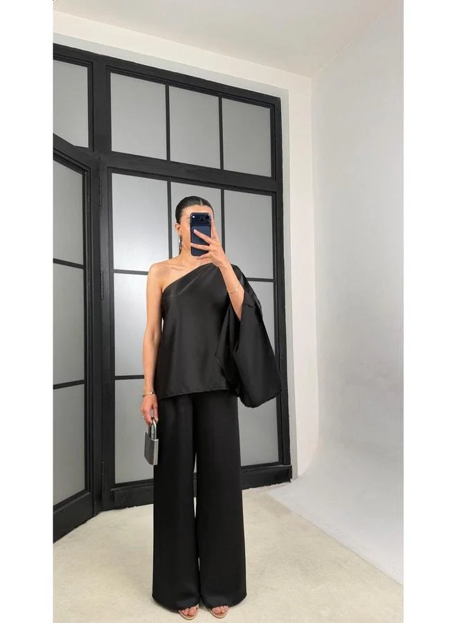 GAUS Black Bat Sleeve Blouse with Elastic Waist Pants Satin Set GAUS-01528.