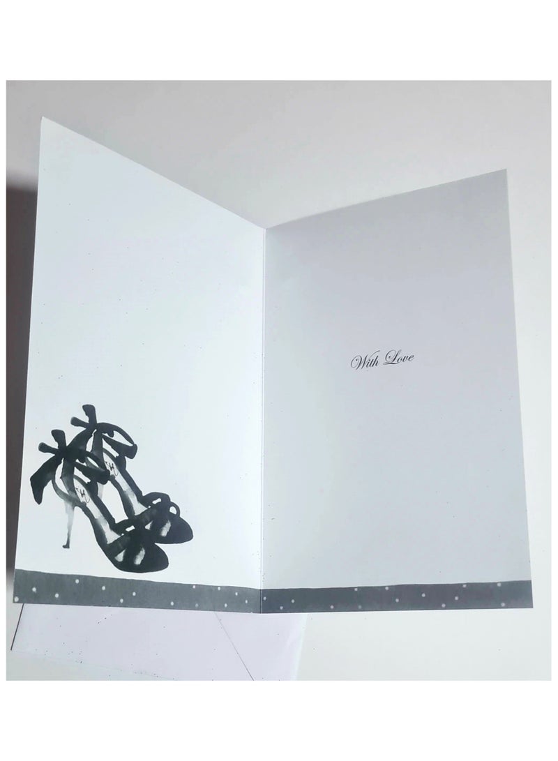 Greeting card design with glitter high heels and a satin bow - To a lovely friend Happy Birthday, with envelope - Image 2