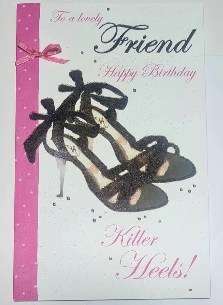 Greeting card design with glitter high heels and a satin bow - To a lovely friend Happy Birthday, with envelope - Image 1